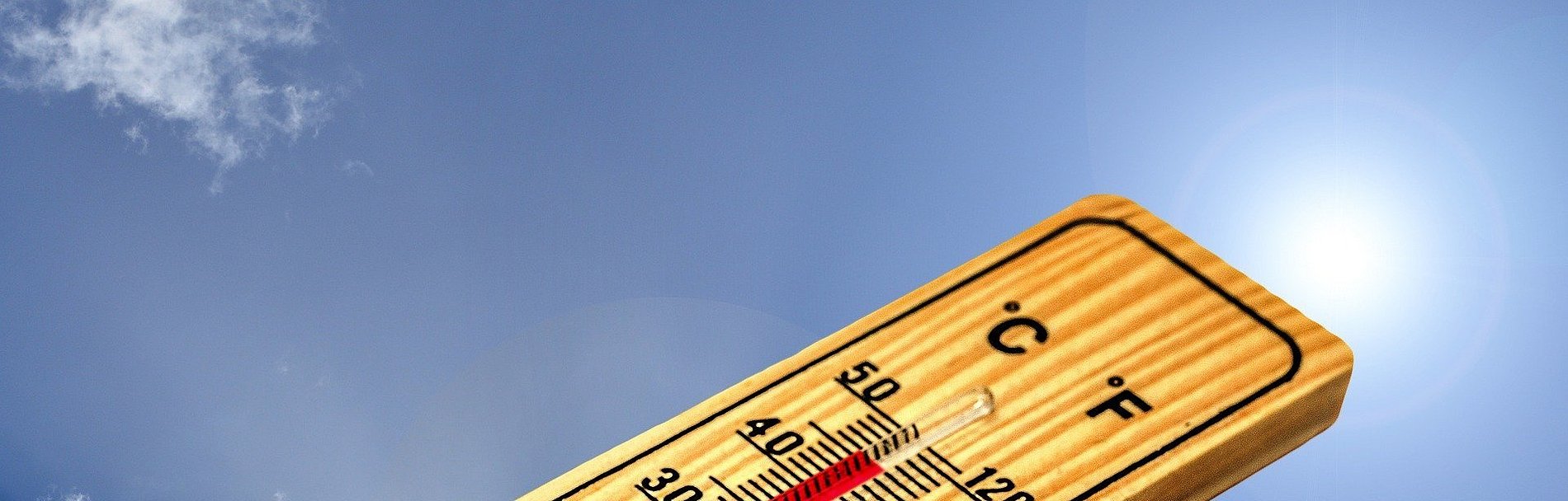 das Bild zeigt ein Thermometer, das eine sehr hohe Temperatur anzeigt