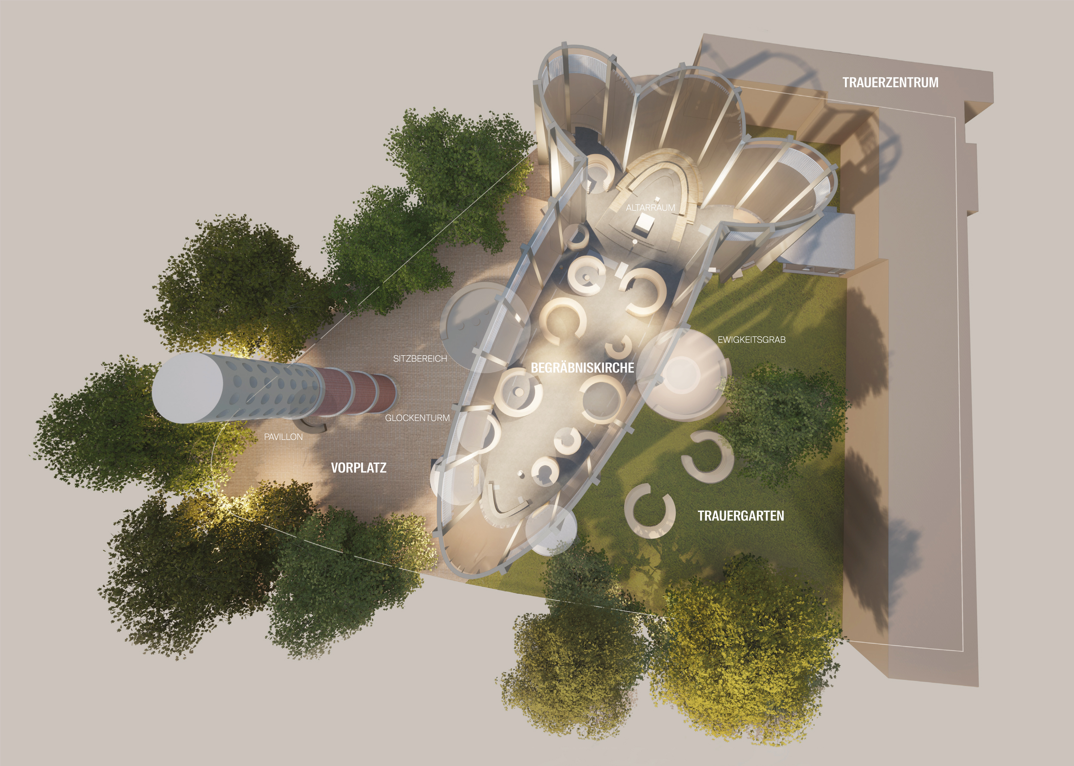 Plan Draufsicht auf die geöffnete Kirche mit eingebauten kreisförmigen Urnenwänden